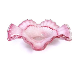 Vintage Pink Scalloped Glass Fruit Basket, Centerpiece, Serving Bowl, Jewel Dish