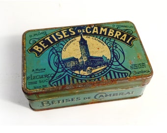 Scatola di latta per caramelle vintage francese Bêtises de Cambrai