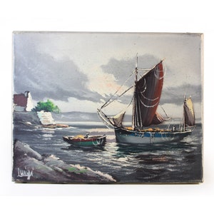 Vintage Seelandschaft Ölgemälde auf Leinwand, Wand-Dekor, Fischerboot Gemälde