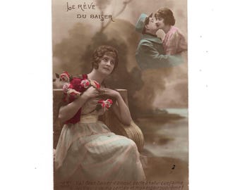 Vintage French WW1 Colorized Postcard, Collectible 14-18 Military Romantic Postcard
