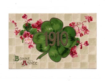 Vintage French 1910 Four-Leaf Clover Postcard, Lucky Charm Card, Scrapbooking