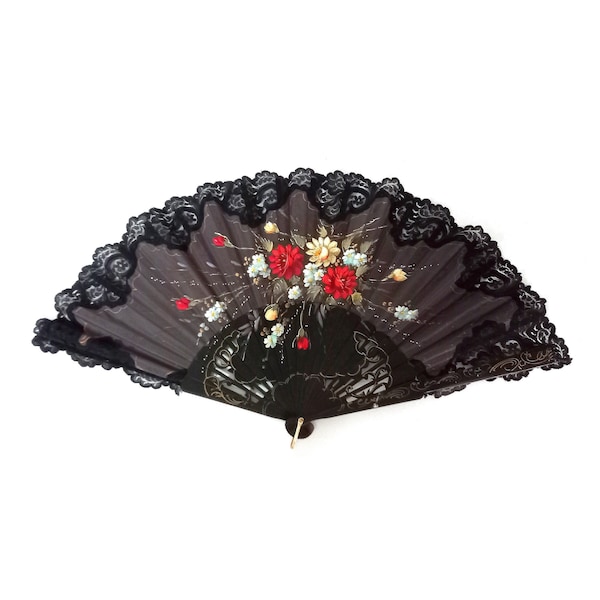 Vintage Black Spanish Folding Fan with Hand Made floral Decor
