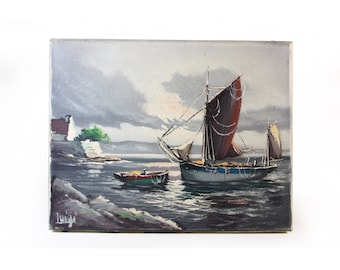 ヴィンテージの港の風景油絵 - 1970年代の海洋美術 - Etsy 日本