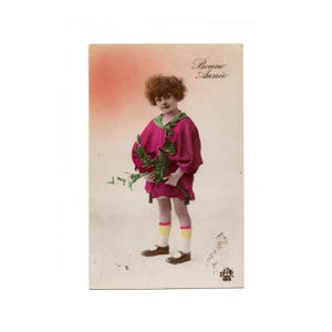 Carte postale ancienne colorisée Bonne Année, Carte postale enfants Noël 1920