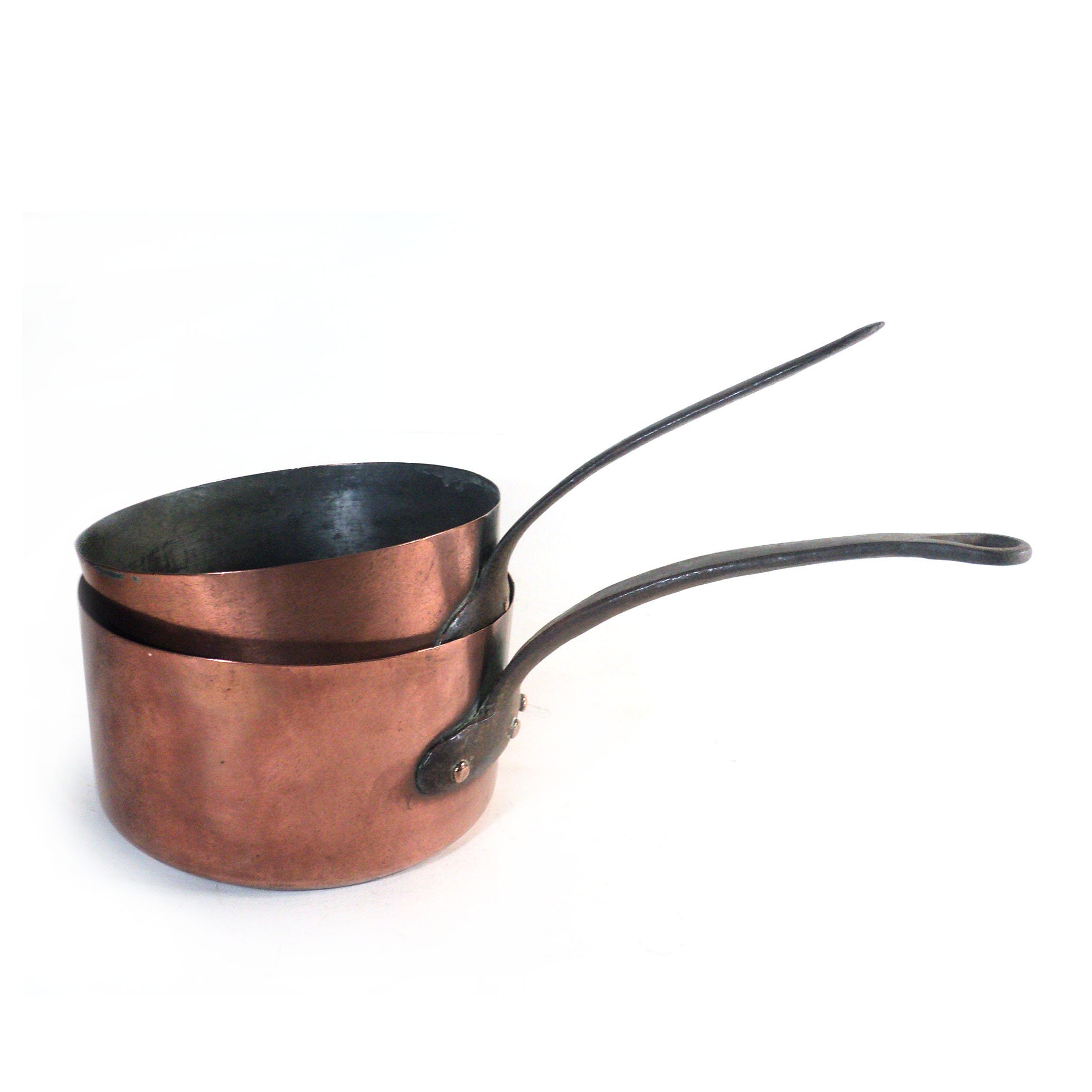 Lot de Deux Casseroles Anciennes en Cuivre Rouge et Fer Forgé 19È Siècle