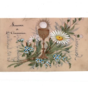 Carte souvenir de première communion de 1913 en celluloïd peinte à la main