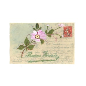 Postal OOAK de celuloide pintada a mano de 1900, tarjeta de Feliz Año Nuevo, antigua flor rosa francesa única en su tipo