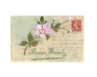 Handpainted Celluloid OOAK Postcard from 1900, Happy New Year Card, Antique French one-of-a-kind Pink Flower