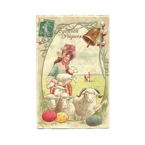 Carte postale ancienne de Pâques années 1900, carte postale illustrée, carte de cloche de Pâques, lapins de Pâques