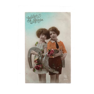 Carte postale ancienne colorisée Bonne Année, Carte postale enfants Fer à Cheval 1920