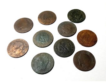 Antique Bronze Napoleon III Coins: 1850s French 5 Centimes, Lot of 10