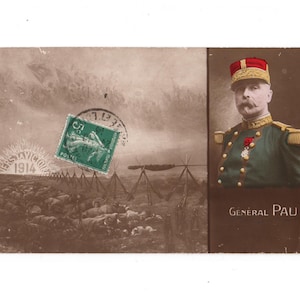 Cartolina d'epoca colorata della prima guerra mondiale del 1914, cartolina Poilus e trincee