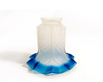 Vintage Blue Glass Lampshade, Frosted Scalloped Light, Retro Decor