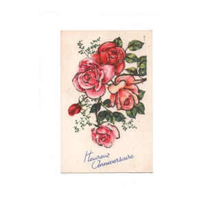 Carte postale ancienne de Bon Anniversaire bouquet de roses, Carte postale roses années 1950
