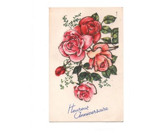 Vintage Franse ansichtkaart Happy Birthday Flocking Roses uit de jaren 1950