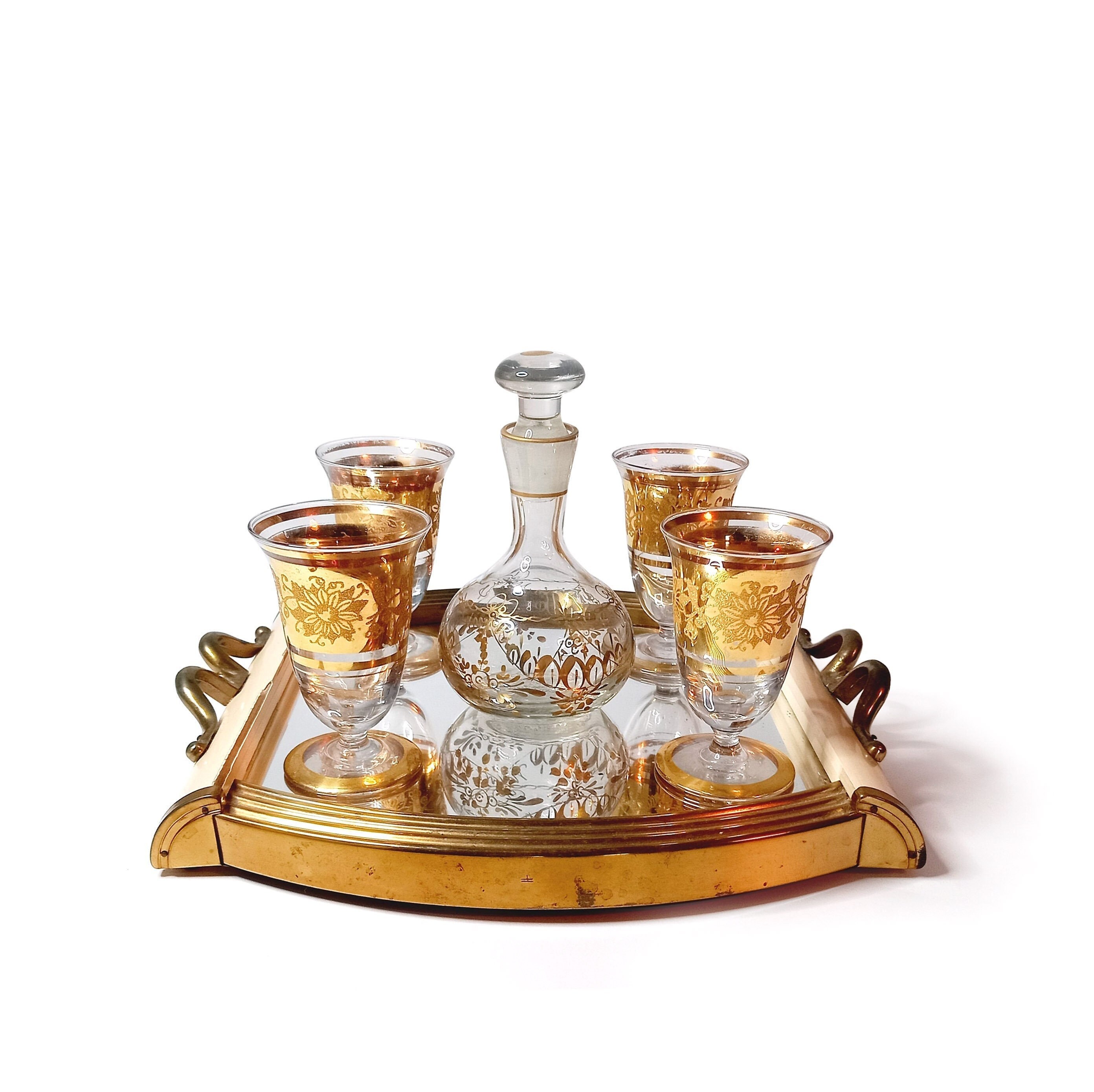 Service à Liqueur Ancien en Verre Dorure, Carafe Décanter et Verres Apéritif
