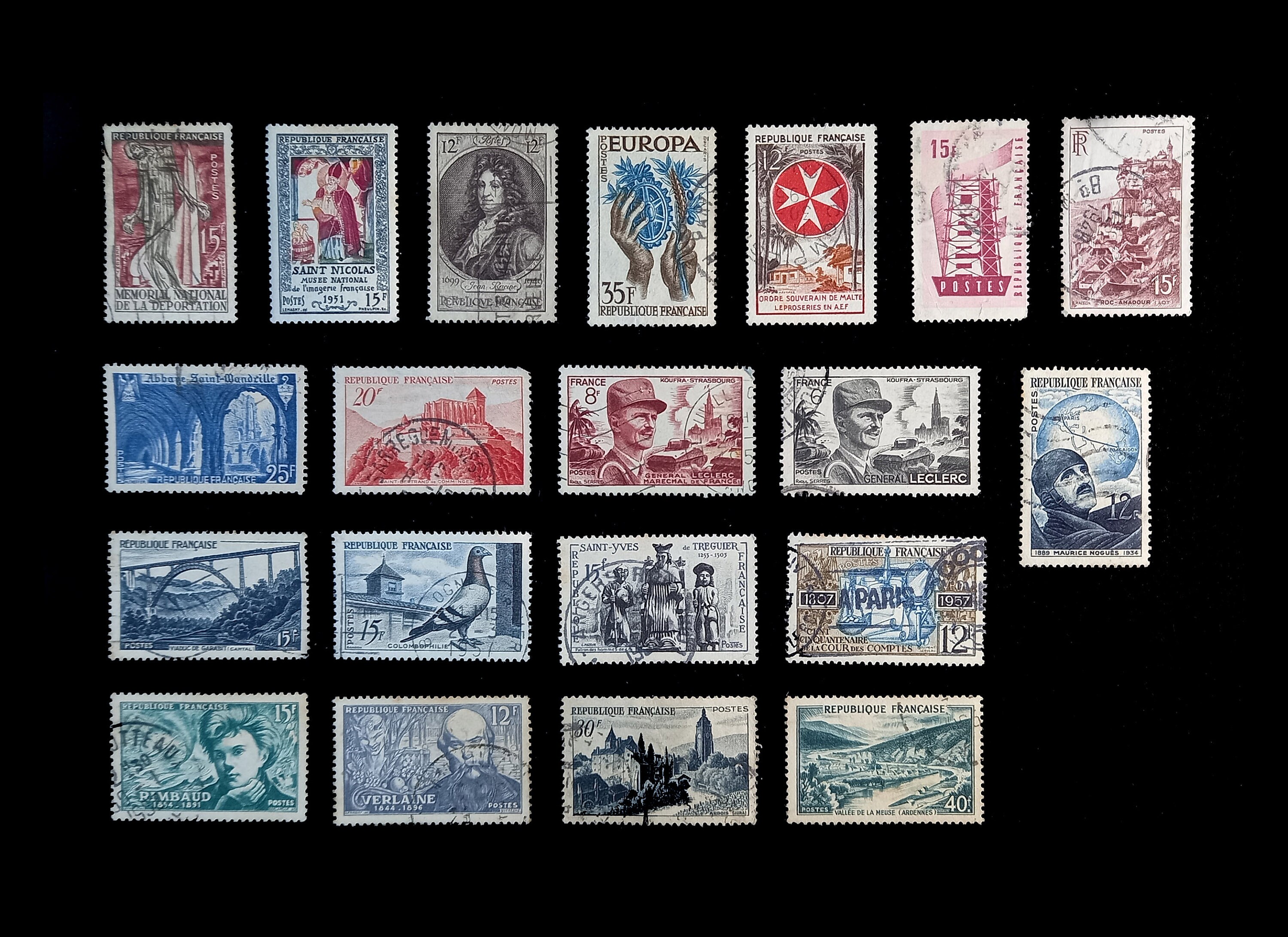 主にフランスの使用済み切手 1946年から1957年までのフランス共和国のヴィンテージ切手20枚