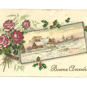 Vintage ansichtkaart gelukkig nieuwjaar, geïllustreerd Mica Dust Card Flower, Winterland Snow Landscape Village