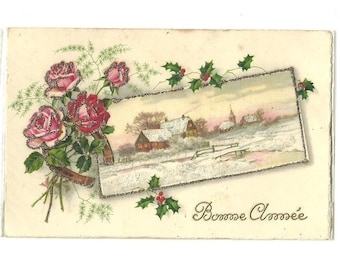 Vintage Happy New Year Postcard, illustrated Mica Dust Card Flower, Winterland Snow Landscape Village