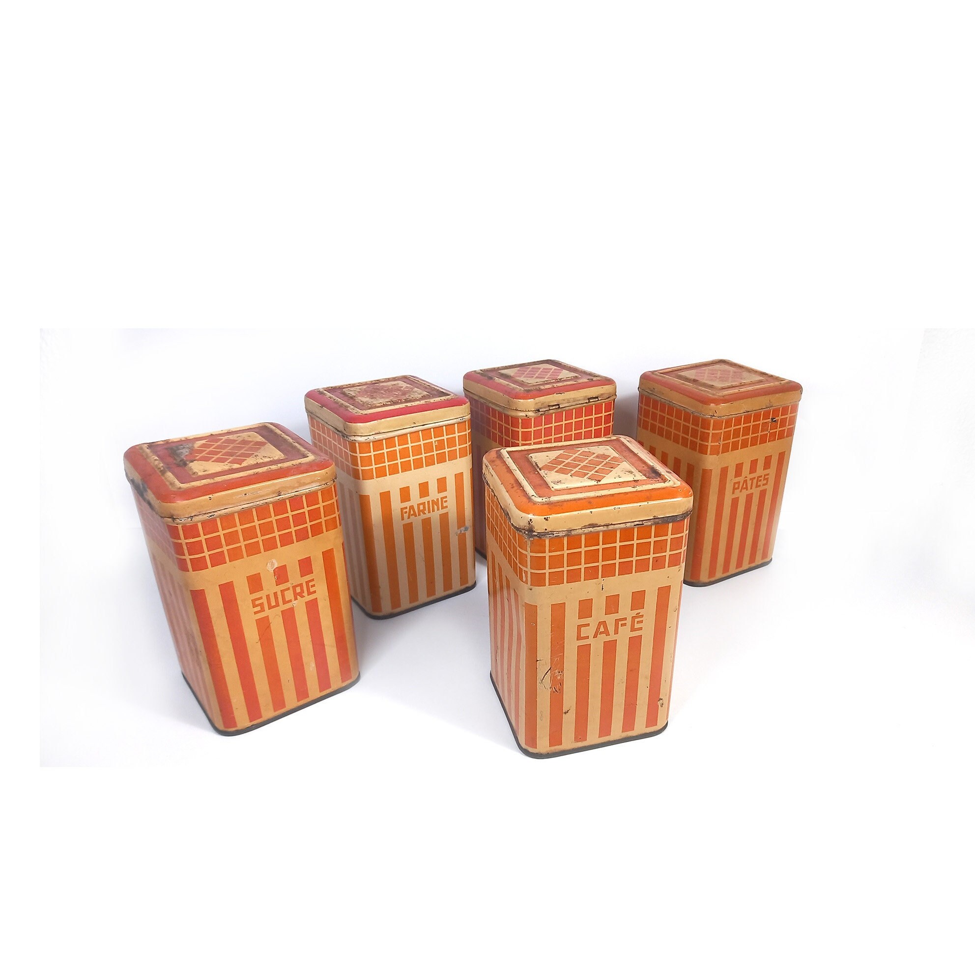 Lot de 5 Boîtes Rangement Cuisine en Métal Orange, Sucre, Pâtes, Café, Chicorée, Farine