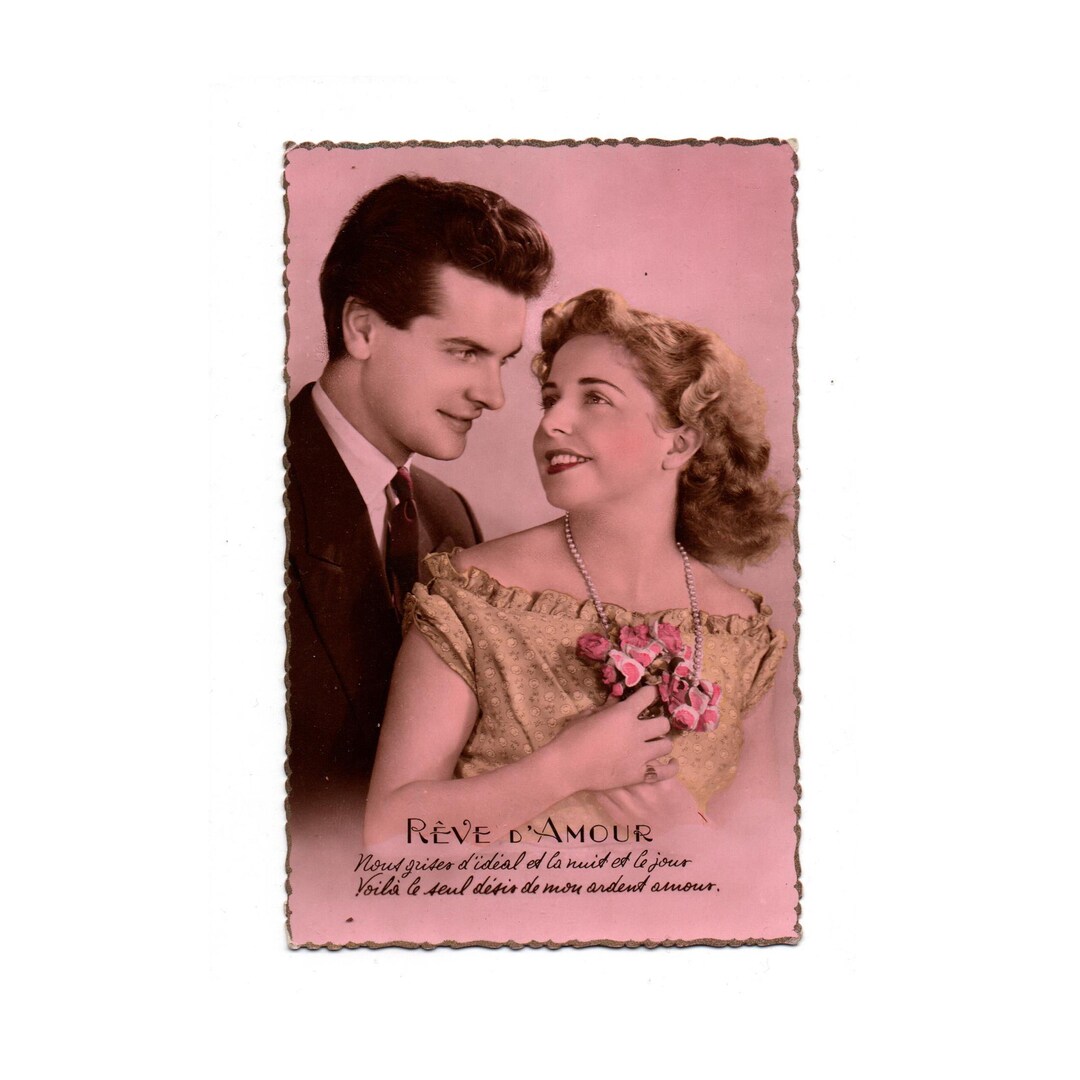 Vintage French Pink Colorized Romantic Postcard From the 1950s ...
