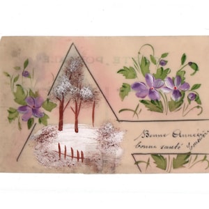 Postal OOAK de celuloide Feliz Año Nuevo, postal francesa única en su tipo pintada a mano en violeta de la década de 1900