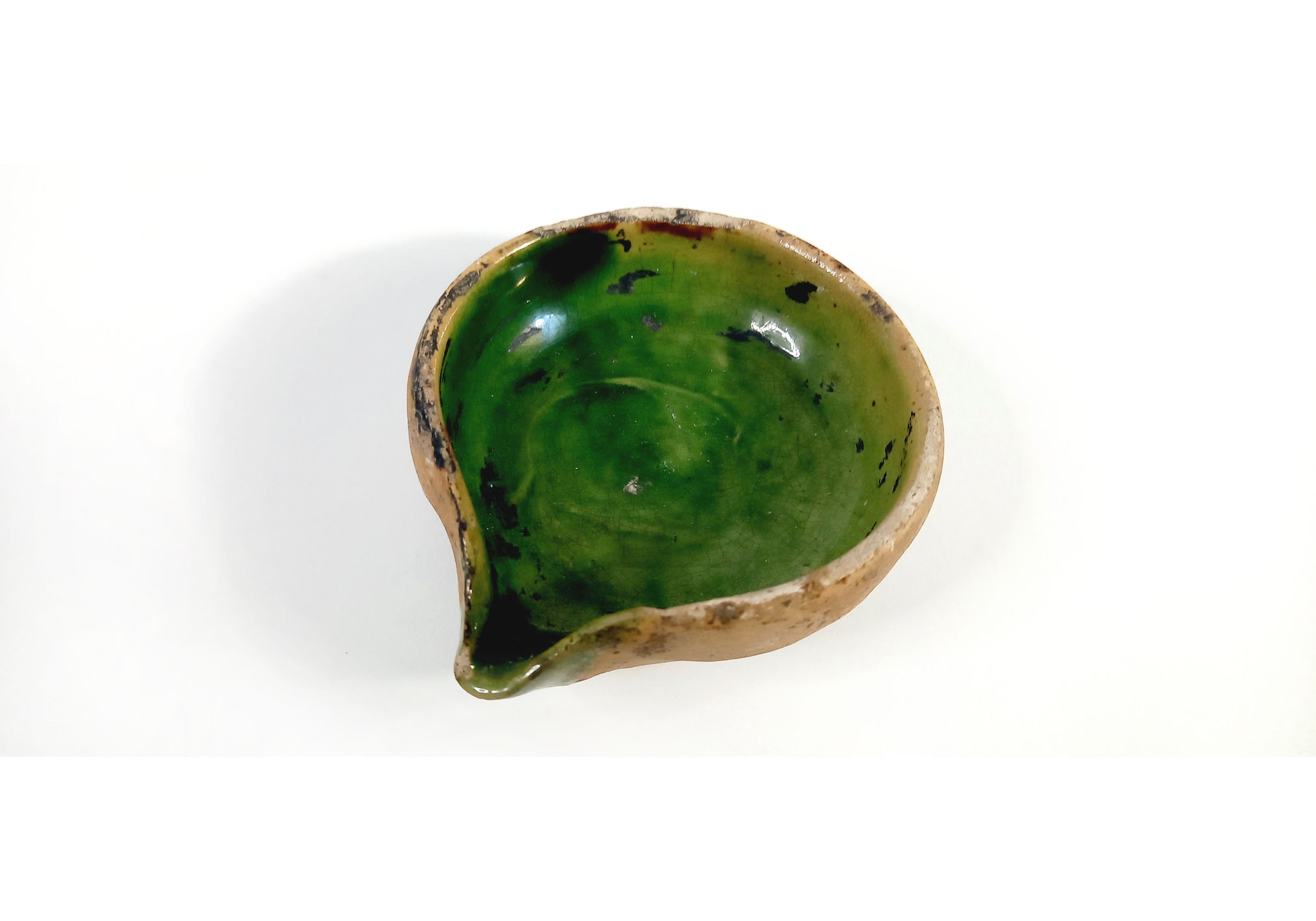 Antique green glazed ceramic oil lamp from the Pré d'Auge, 14th Century, Normandy pottery