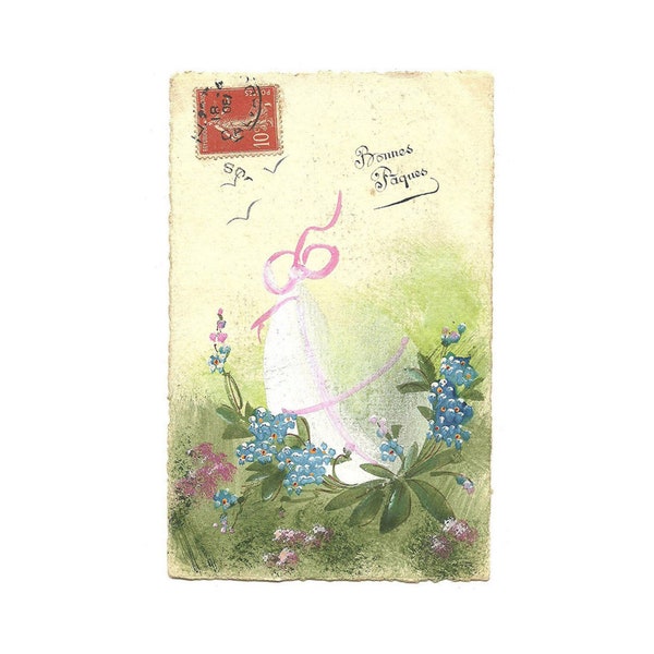 Carte postale peinte à la main des années 1900 Joyeuses Pâques, Carte postale française d'oeuf de Pâques