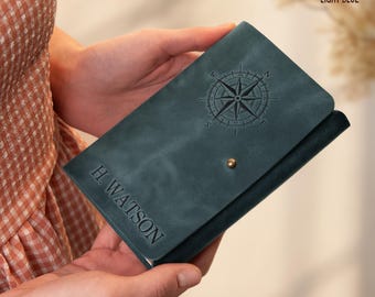 Traveler Journal, Personalized Gifts for Her, Leather Bound Journal with Compass Logo
