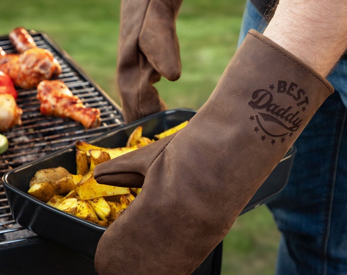 Personalized Meat Smoker Grill Gloves for Men, Dad Grilling Gifts, Engraved Leather Grilling Gloves