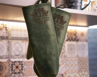 Personalized Oven Mitts, Gift for Mom, Leather Oven Gloves, Gift for Her