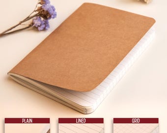 May include: A notebook with a plain brown cover and white paper pages. The image includes the text PAPER BLOCK TYPES at the top and three smaller boxes at the bottom labeled PLAIN, LINED, and GRID, showing examples of each paper style.