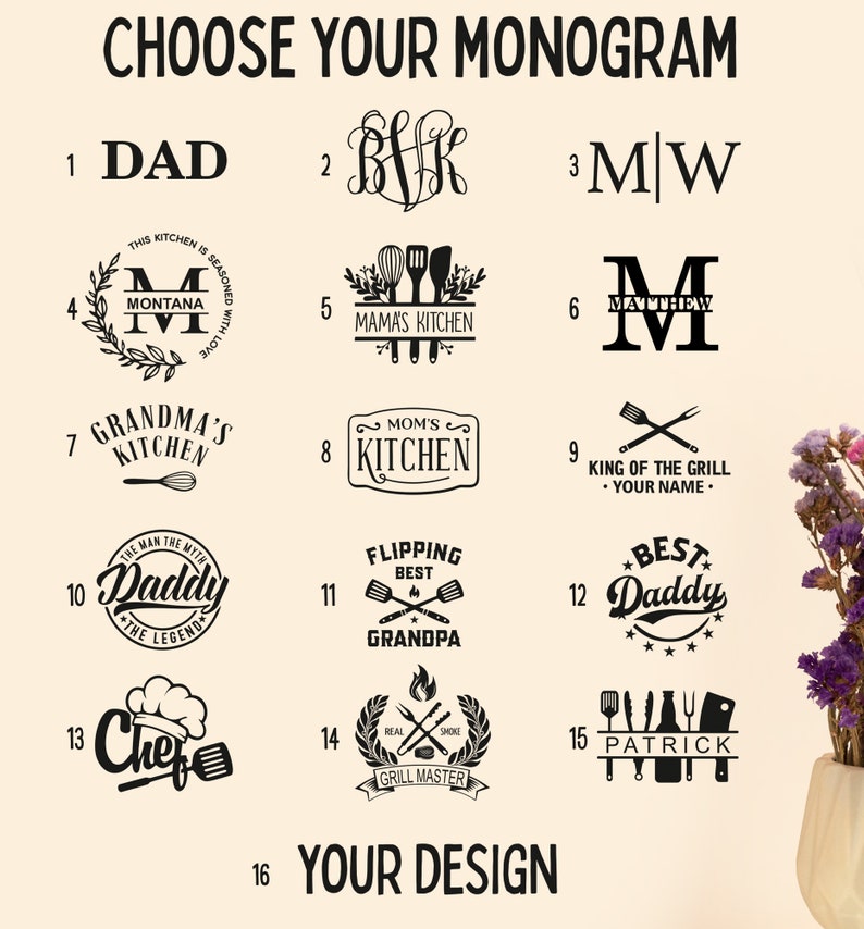 May include: A chart with 16 different designs for a monogram. The designs include text, initials, and images. The text includes "Dad", "Grandma's Kitchen", "King of the Grill", "Daddy", "Chef", "Grill Master", and "Your Design".