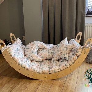Large Montessori Arch with pillow, Climbing Arch Rocker, Wooden indoor Playground, Wooden baby gym, birthday gift, Premium cotton pillow