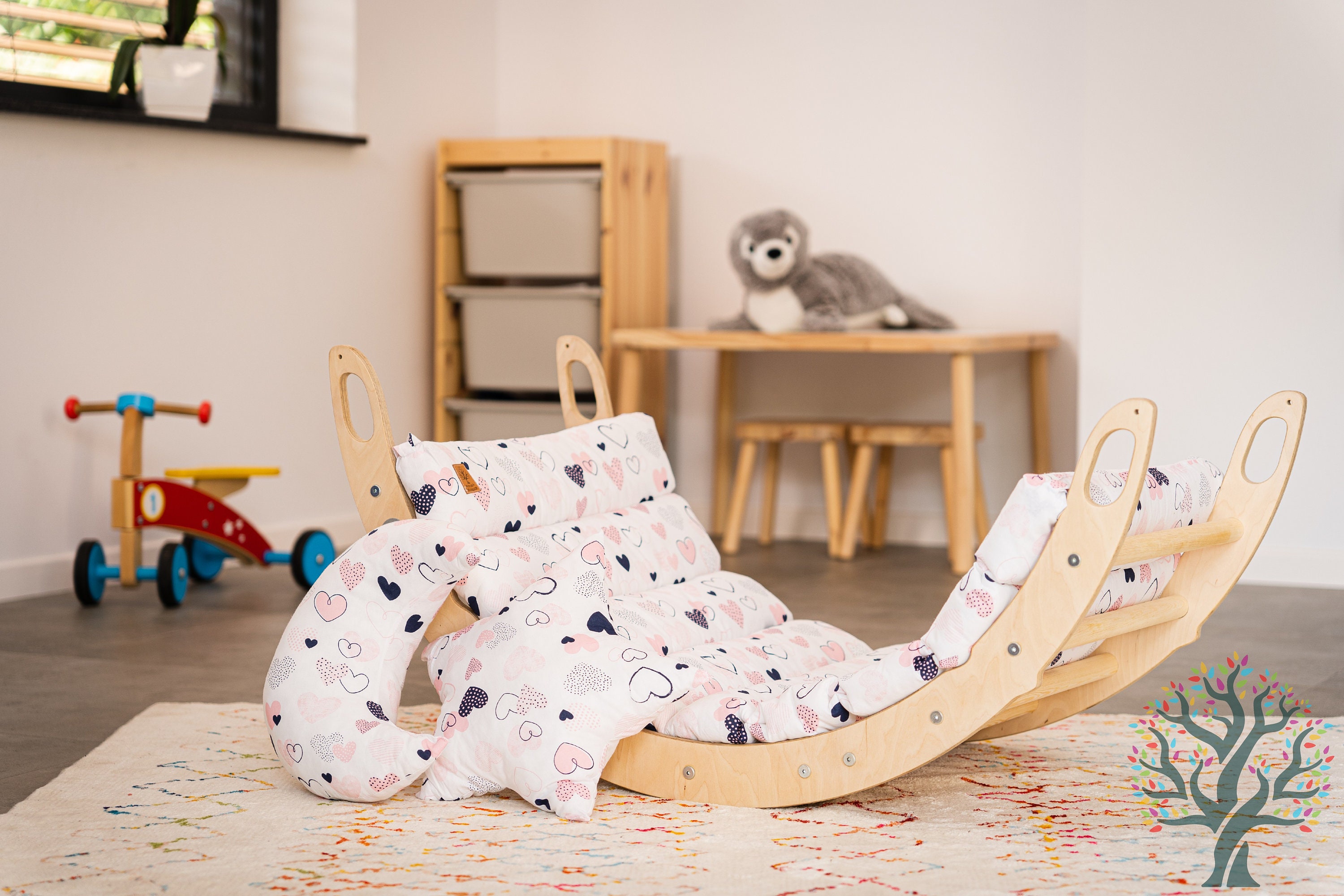 Extra zachte schommelstoel met kussen: Klimboog, Klimdriehoek, klimset, Montessori peuterspeelgoed, Houten babyspeelgoed