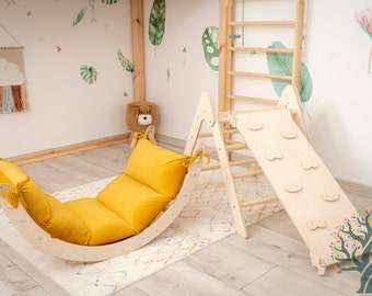 Kinderkamer, Houten Speelgoed, Cadeau voor kinderspeelgoed, Montessori klimmer, Kindermeubels, babycadeau, Binnenspeeltuin, klimboog met kussen