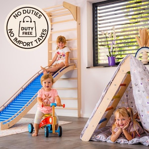 Montessori-klimset met glijbaan en tent: binnenspeeltuin voor peuters, Zweedse ladder en rolglijbaan