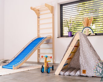 Swedish Ladder with Rolling slide, Montesori set: Sensory slide, wall ladder and Climbing Triangle, Montessori Accessories, Kids Playground