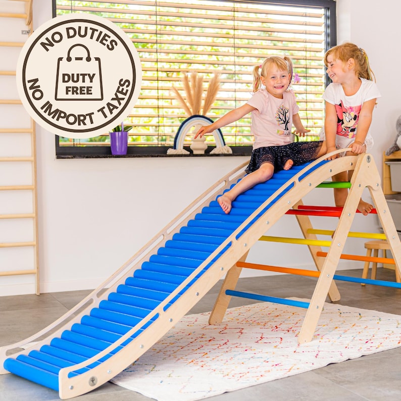 Rolling Slide with Climbing Triangle or in different words Pickler Triangle with attachement Slide is a perfect indoor playground equipment. It is a Sensory Toy with Montessori heart.