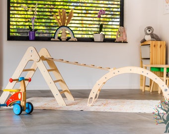 Wooden baby gym Montesori set: Climbing Arch Rocker, Climbing Triangle, Montessori toddler furniture, Montessori Climb Accessories