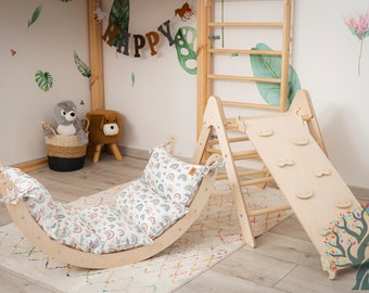 Montessori Climber, Arch Rocker with Pillow, Wippe holz, Kletterbrett, Kletterdreieck, Kletterbogen mit Kissen, Kletterbogen mit rutsche