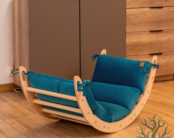 Arc d'escalade Montessori, ensemble triangulaire et coussin à bascule, salle de sport Montessori en bois pour bébé et chaise berçante pour tout-petit. Ensemble de meubles Montessori pour tout-petits.