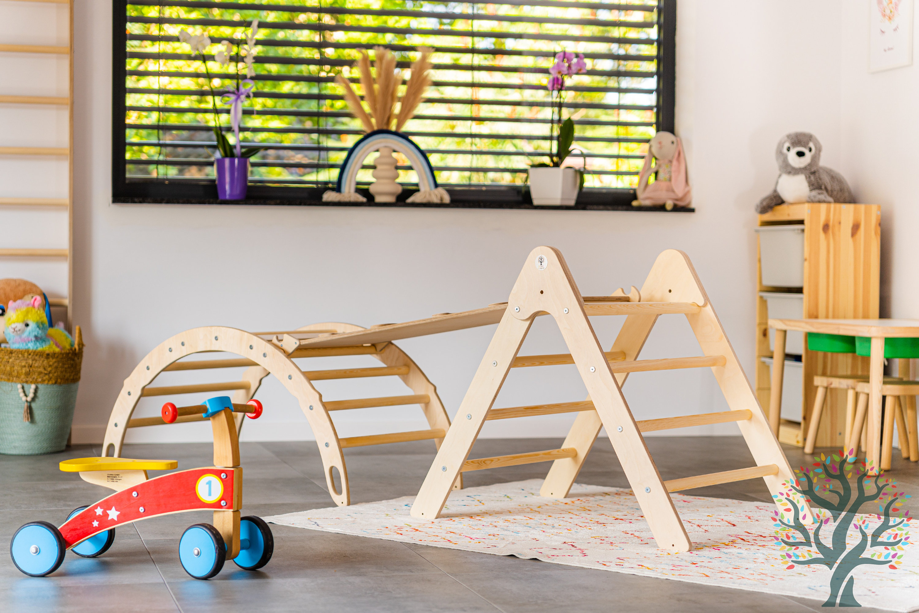 Conjunto Montessori: Rocker de arco de escalada, Triángulo de escalada, juego de escalada para bebés, muebles para niños pequeños Montessori, Accesorios de escalada Montessori