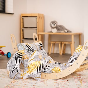 Montessori Baby Climber Arch with Pillow: Climbing Arch Rocker, Climbing Triangle, wooden baby gym, wooden interior playground.