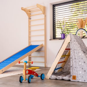 Swedish Ladder with wooden slide, Sensory slide, wall ladder and Climbing Triangle, Montessori Accessories, baby gym