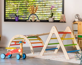 Jouets pour enfants Montessori, ensemble 3 en 1, Triangle d'escalade avec rampe et arche, arche avec oreiller, couleurs arc-en-ciel