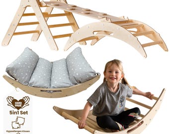 Mellanstort Montessori-klätterset: Båggunga, Triangel, Rutschkana och Kudde, 5-i-1-gym för småbarn