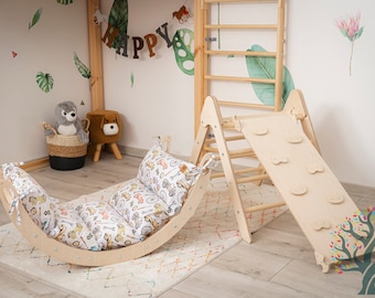 Triangle d'escalade pliable 3 en 1, arche avec oreiller, rampe/toboggan en pierre, grimpeur Montessori, salle de sport pour bébé en bois, jouets Montessori, cadeau pour enfants