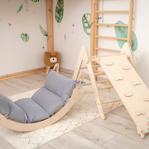 Montessori Climber Set: Arch with Gray Velvet Pillow, Ramp & Triangle