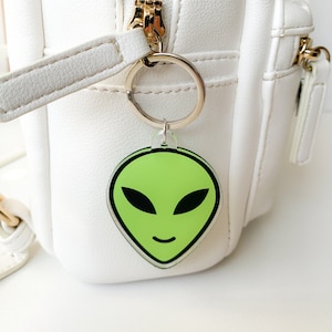 May include: A white backpack with a green alien face keychain attached to the zipper pull. The keychain is made of clear acrylic with a black outline.